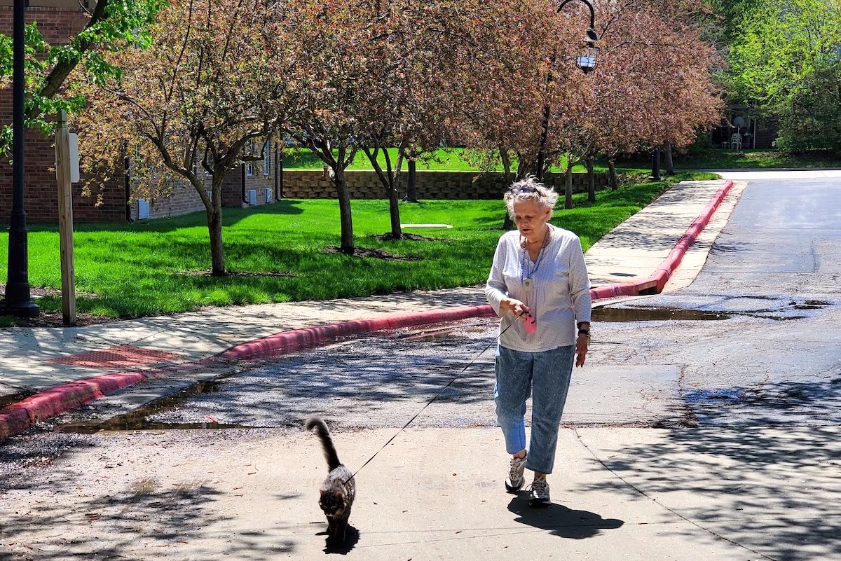 Prestonwood Court | Arbor hills assisted living resident going for a walk with her cat
